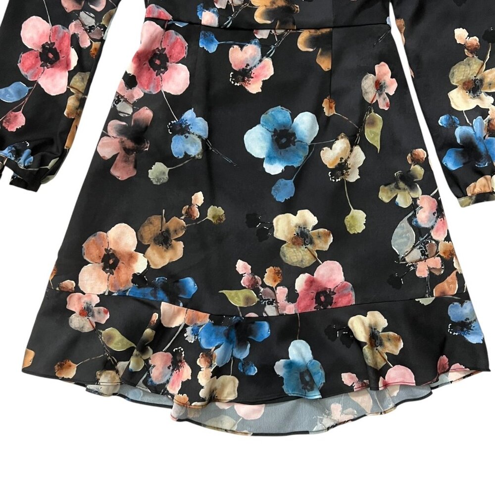 Anthropologie Hutch Shea Floral Mini Dress Black 6 Long Sleeve Ruffle Romantic - Picture 7 of 16